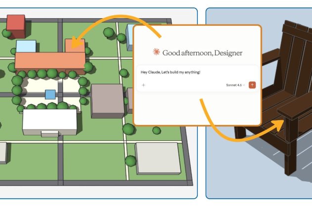 Three-pane layout: AI text prompt generates a 3D, wood chair. Yellow arrows indicate placement into a rendered site model.