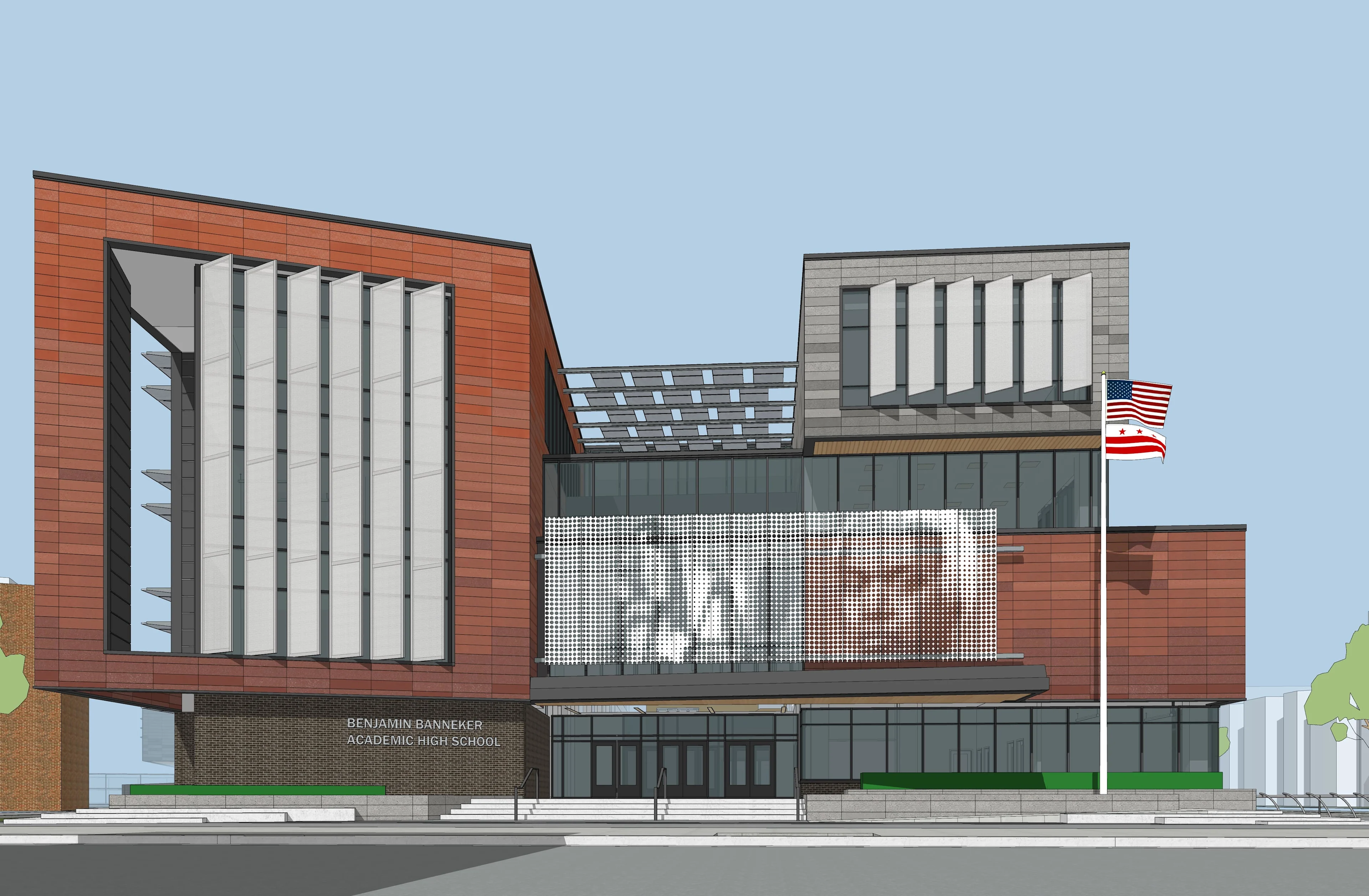 Banneker Academic 高校入り口の SketchUp モデル。画像提供: Perkins Eastman 社。