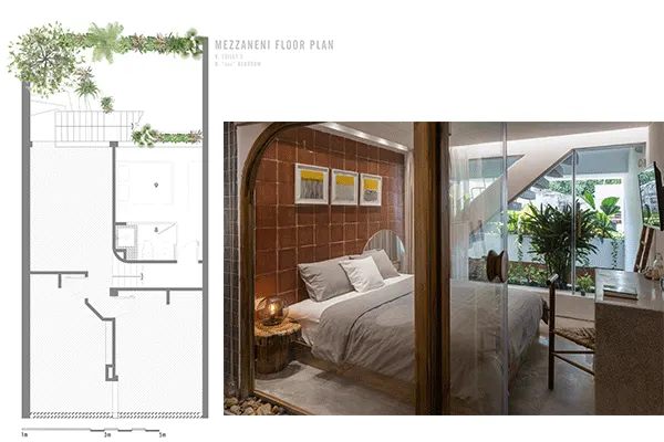 The mezzanine floorplan, features an immersive garden experience in the bedroom, with traditional-like wall tiles harmonized