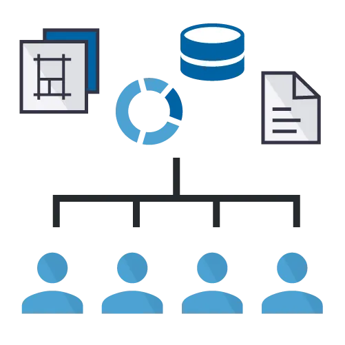 Illustration of a business organization chart with icons for blueprints, data, and documents above a row of stylized people.
