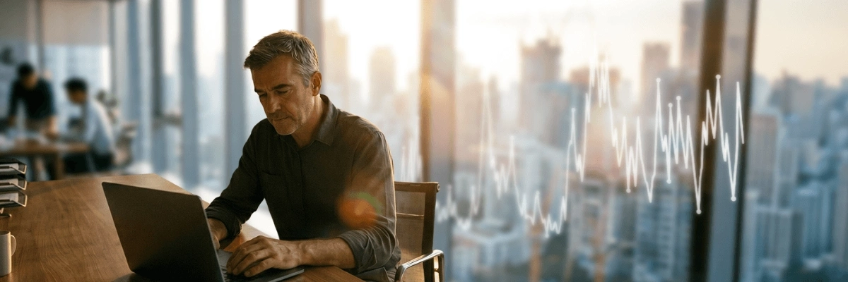 Man works on laptop, financial growth chart overlaid on bright city skyline. Suitable for AECO data analysis.