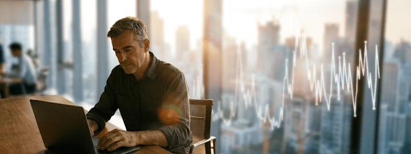 Man works on laptop, financial growth chart overlaid on bright city skyline. Suitable for AECO data analysis.