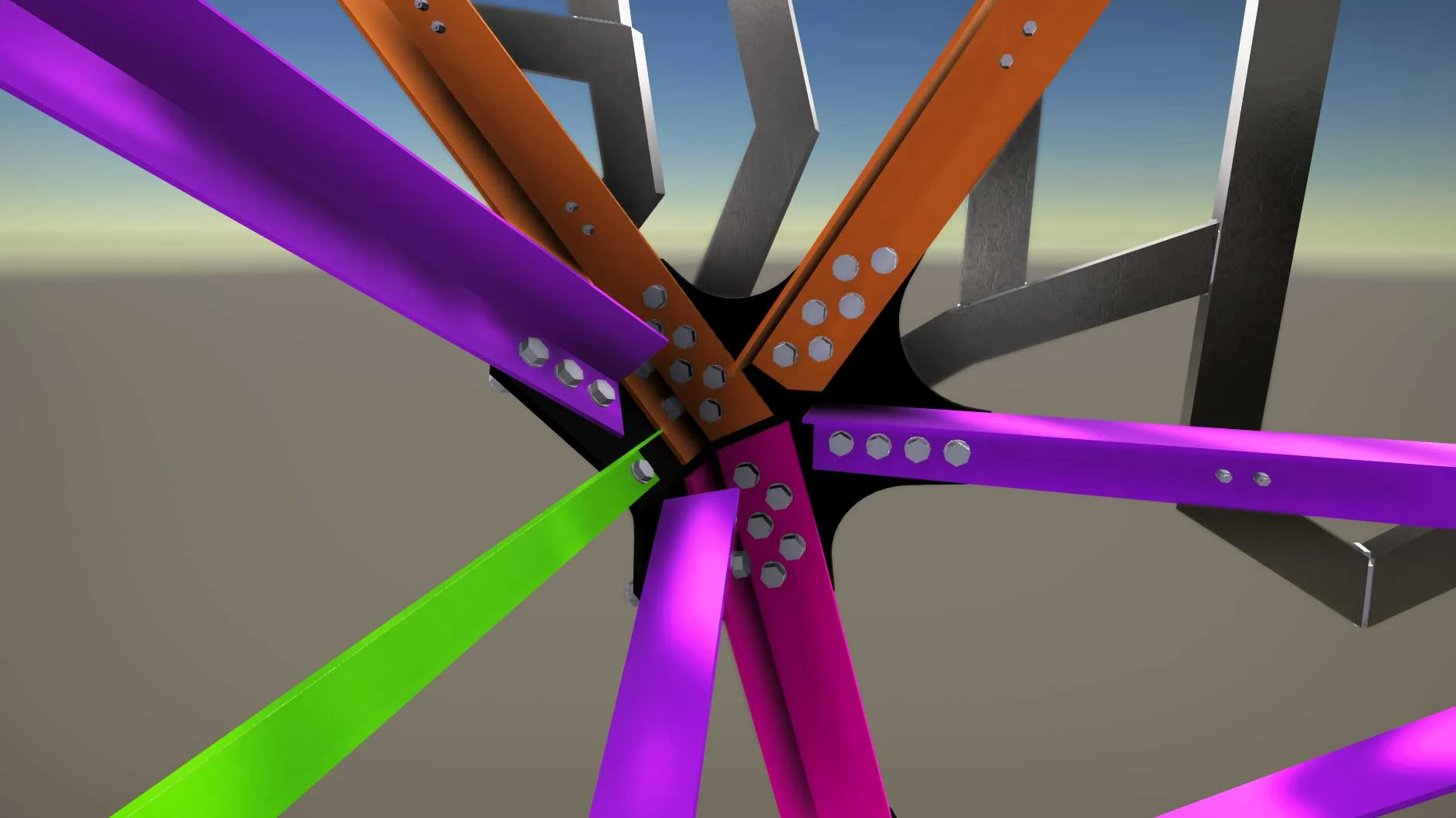 A radial structure made of colorful beams connected by rivets against a blurred background.