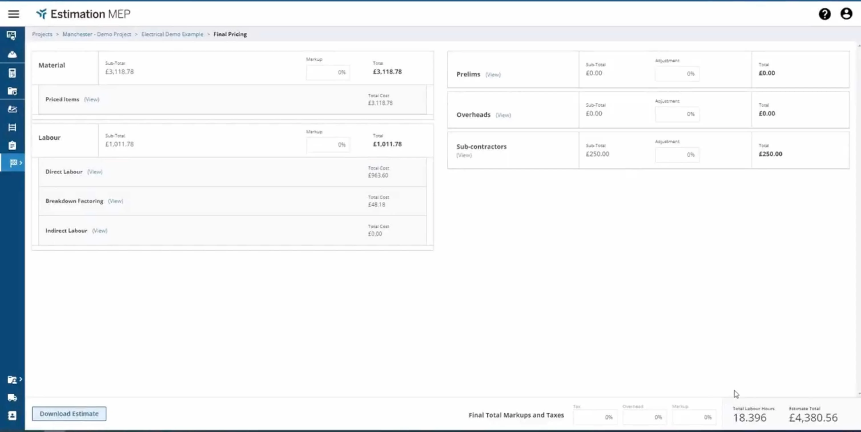 Screenshot of an estimation software showing material, labor, and subcontractor costs.