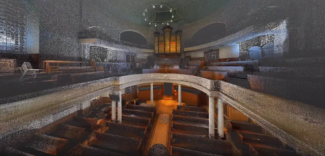 A 3D scan of a historic church sanctuary with pews and an organ.