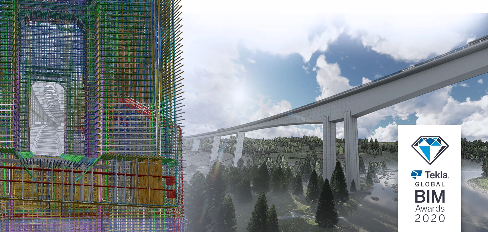 A 3D BIM model shows a complex bridge construction project, with a completed bridge visible in the background.