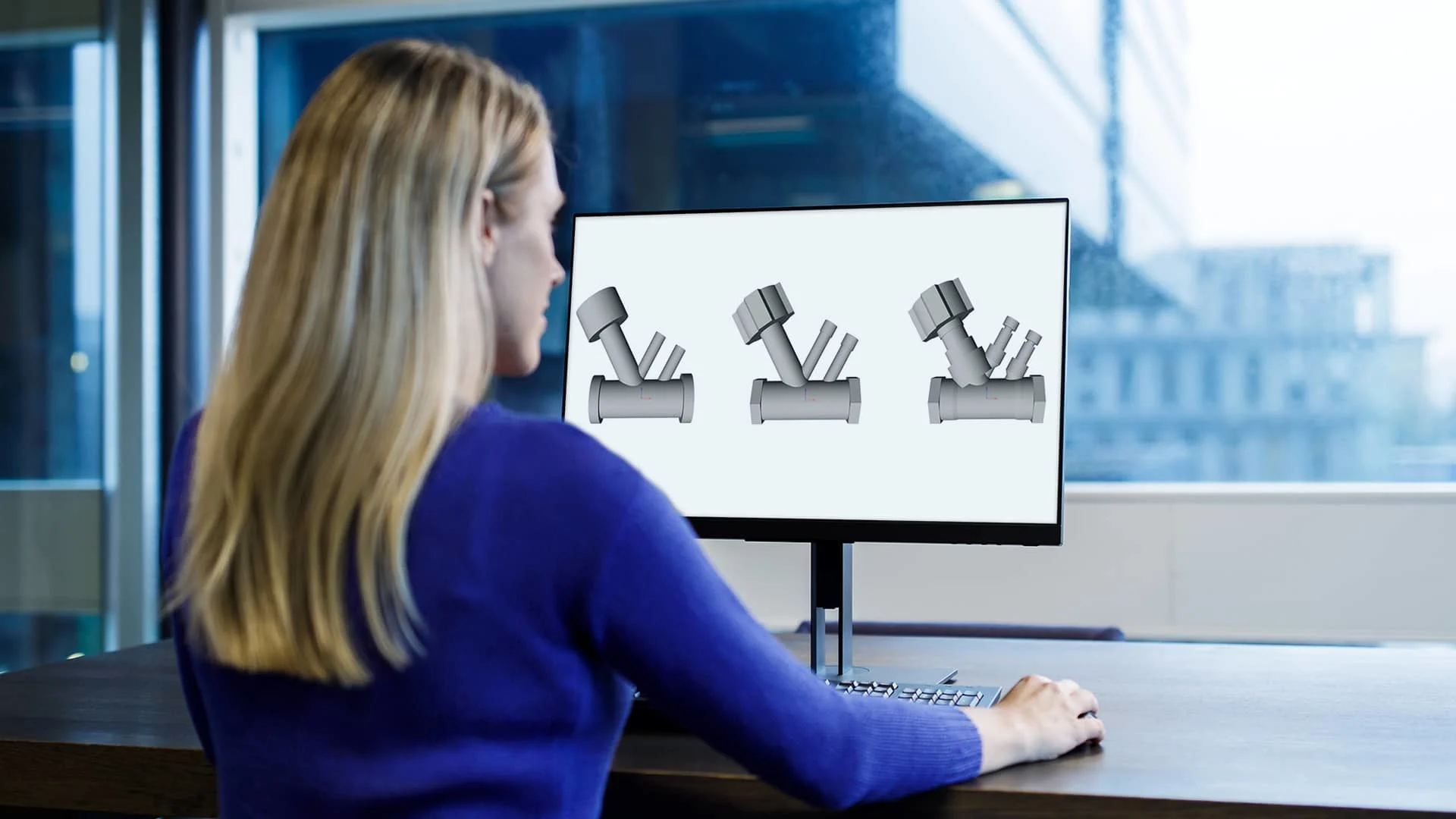 Woman looking at 3D models of valves on a computer screen.