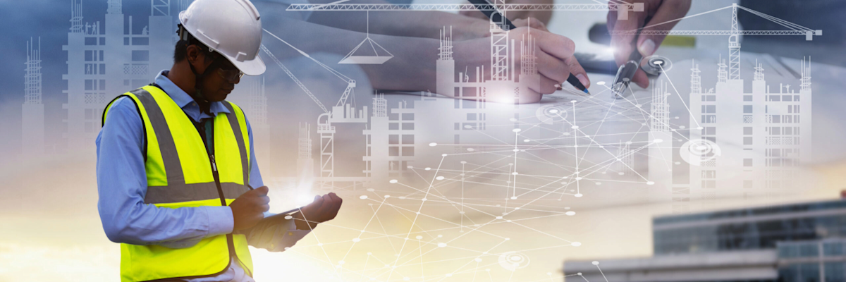 Construction worker with a tablet overlays images of planning and building sites at sunset.