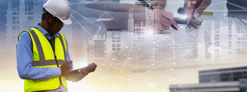 Construction worker with a tablet overlays images of planning and building sites at sunset.