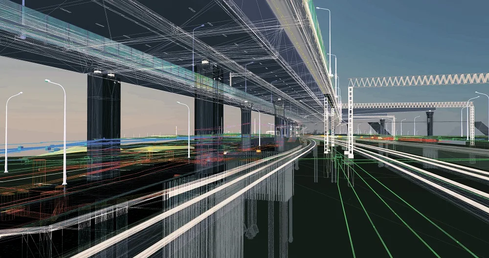 3D wireframe rendering of an elevated highway and railway system.