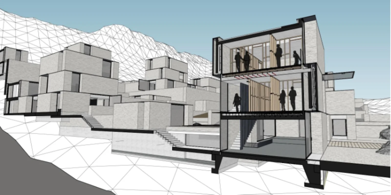 Architectural rendering showing a modern house built into a hillside with a cross-section view.