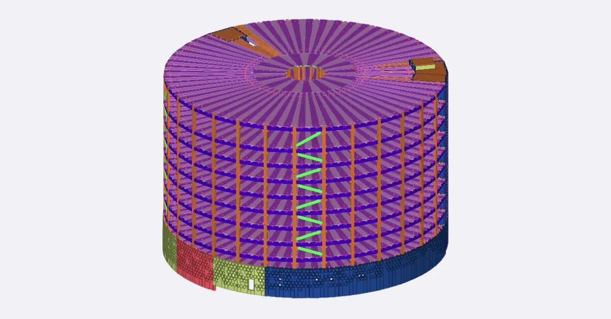 Tekla 3D model of a circular structure with multiple levels, showing internal supports and bracing.