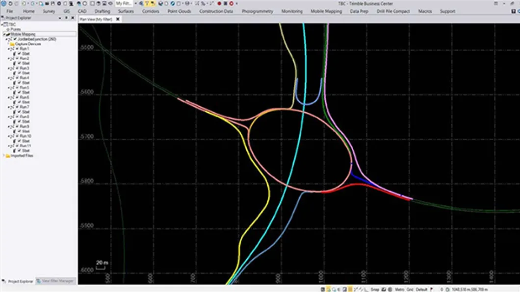 Trimble Business Center screenshot shows a highway cloverleaf with road segments in different colors to indicate degrees of damage.