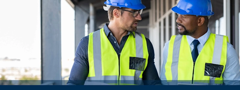 Two construction workers in safety vests and helmets discussing at a building site.