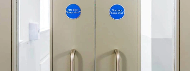 Double doors with "Fire door keep shut" signs and metal handles