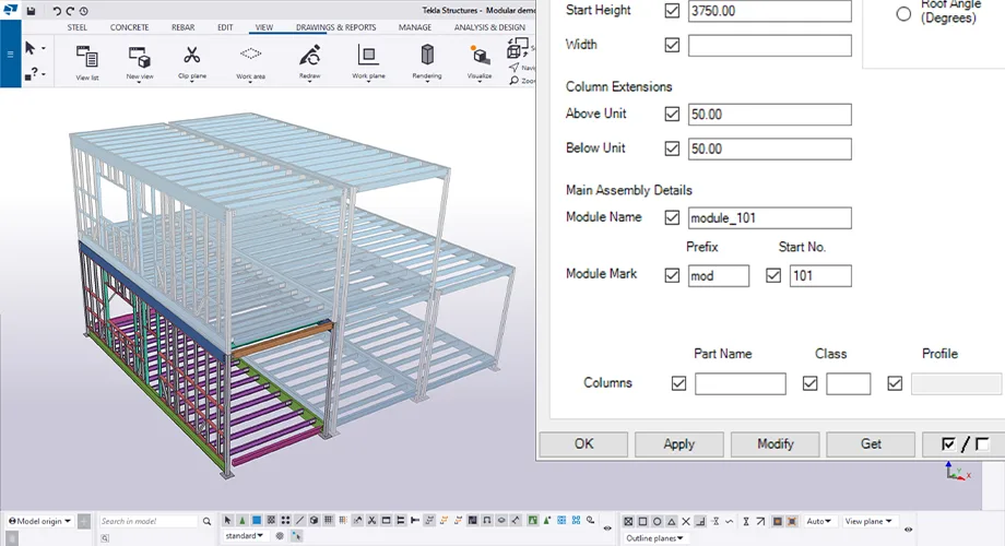 Screenshot of the volumetric modular tool in Tekla Structures software