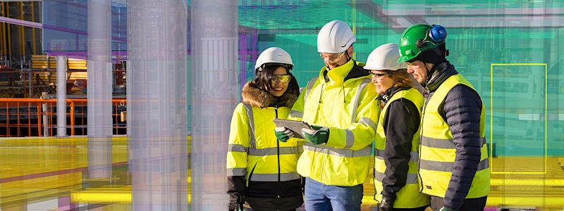 Four construction workers in safety gear review a digital tablet overlaying a colorful 3D building blueprint.