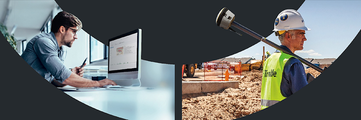 Image of office personnel at left and field workers at right, working in sync using Trimble site management software.