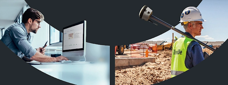 Image of office personnel at left and field workers at right, working in sync using Trimble site management software.