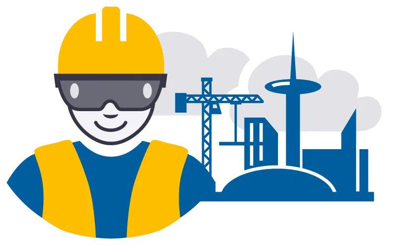 Illustration of a construction worker in a yellow hard hat and safety vest, with a city skyline and crane in the background.