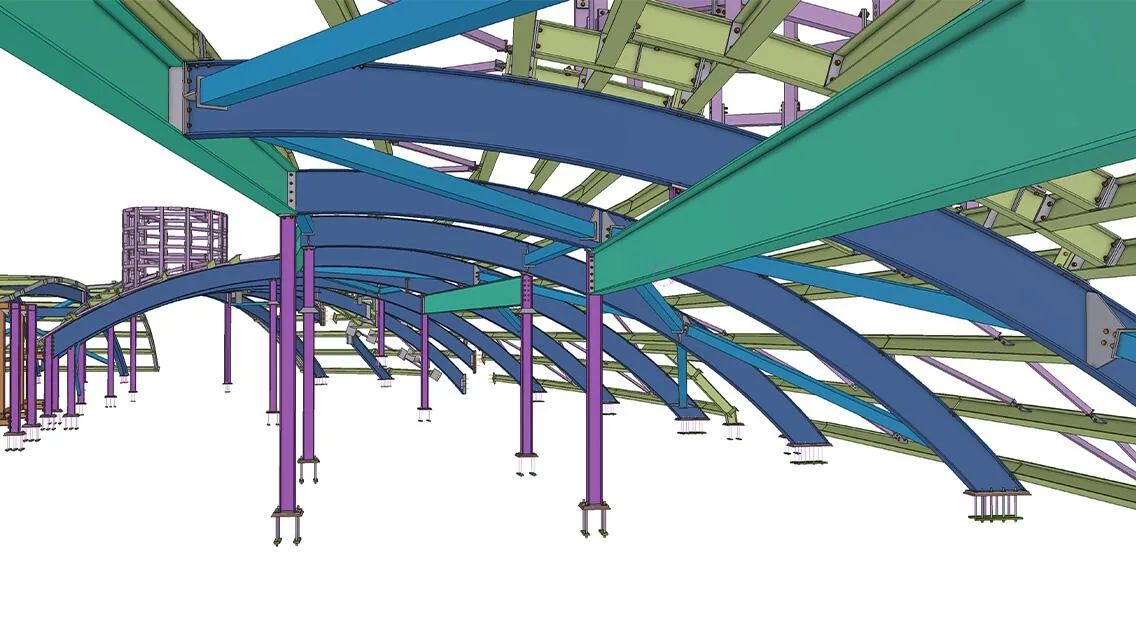 A 3D rendering of a complex steel structure with brightly colored beams and columns.