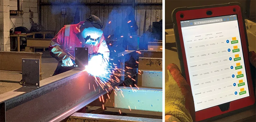 Man welding steel beam in fabrication shop, and tablet showing production tracking