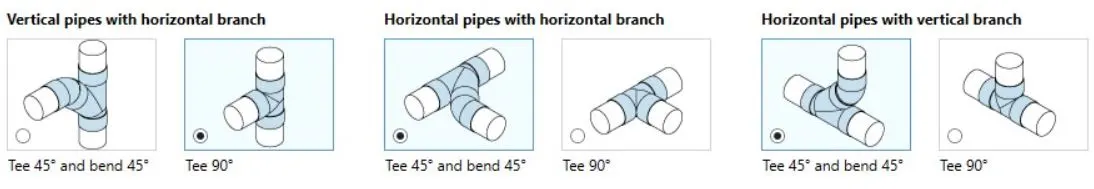 Diagrams showing pipe fittings, including vertical and horizontal configurations with tee and bend connectors.