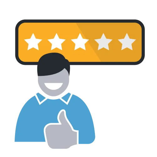 A stylized illustration of a person with a thumbs-up gesture and a five-star rating above their head.