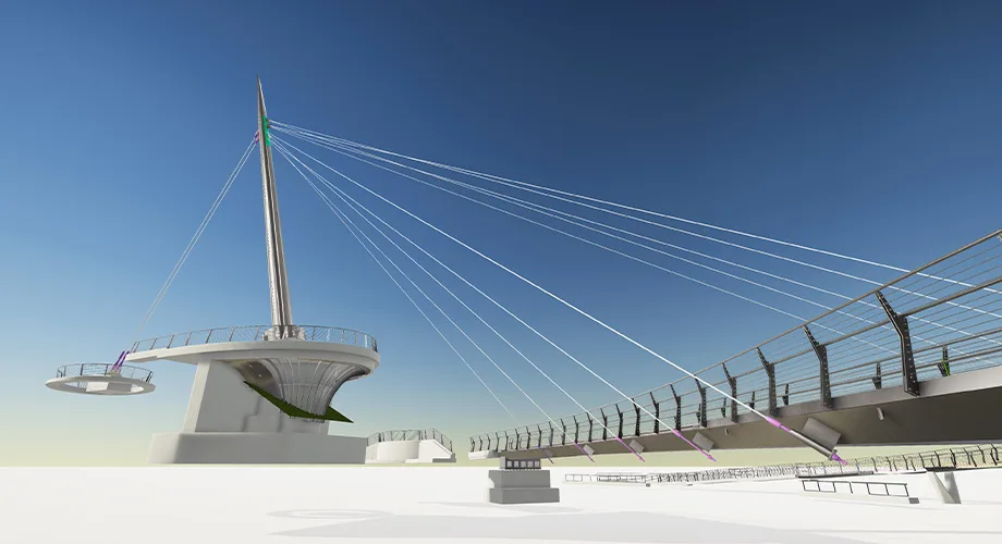 Architectural rendering of a modern cable-stayed bridge with a unique pylon design against a clear blue sky.