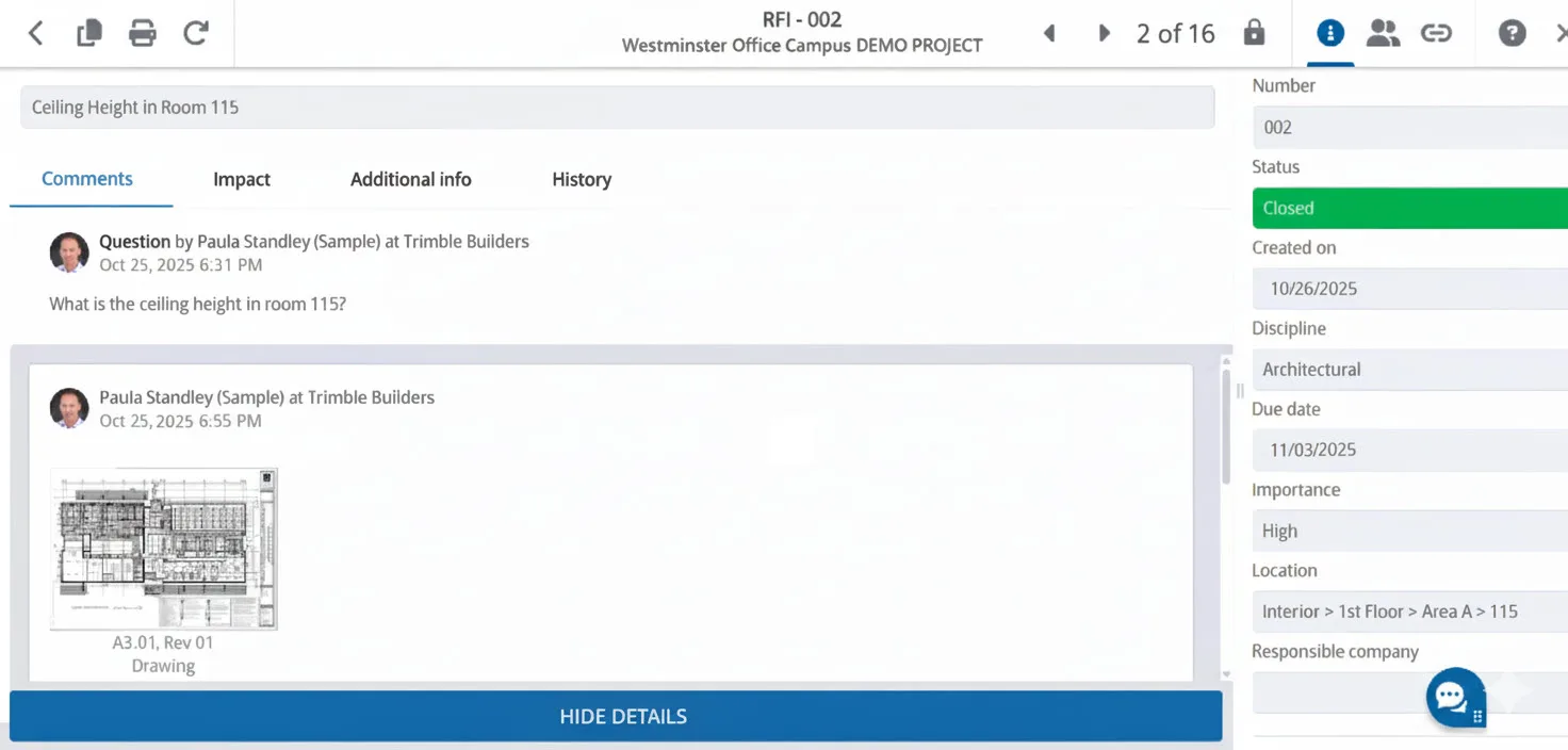 An RFI in ProjectSight showing comments with a question submitted by someone and an image of a drawing.