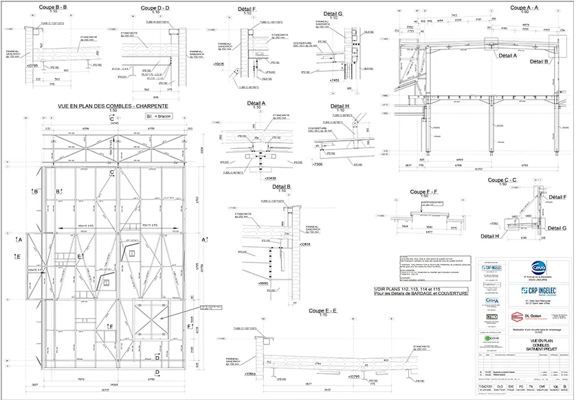 Architectural blueprints showing a plan and various cross-sections and details of a building's roof structure.