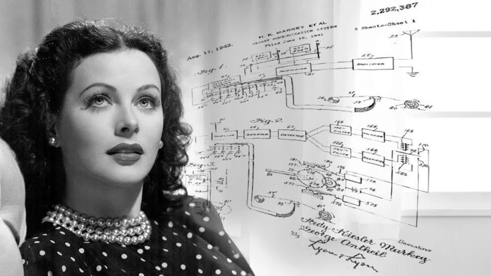 Hedy Lamarr, co-inventor of frequency hopping, is shown with patent diagrams.