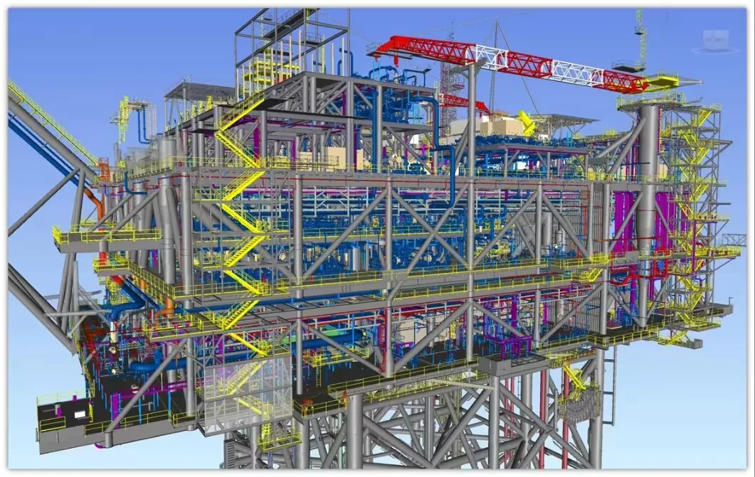 3D model of an offshore platform with complex piping and structural components.