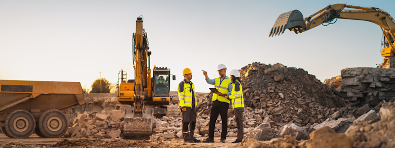 Construction professionals using tablets to review project data on the jobsite