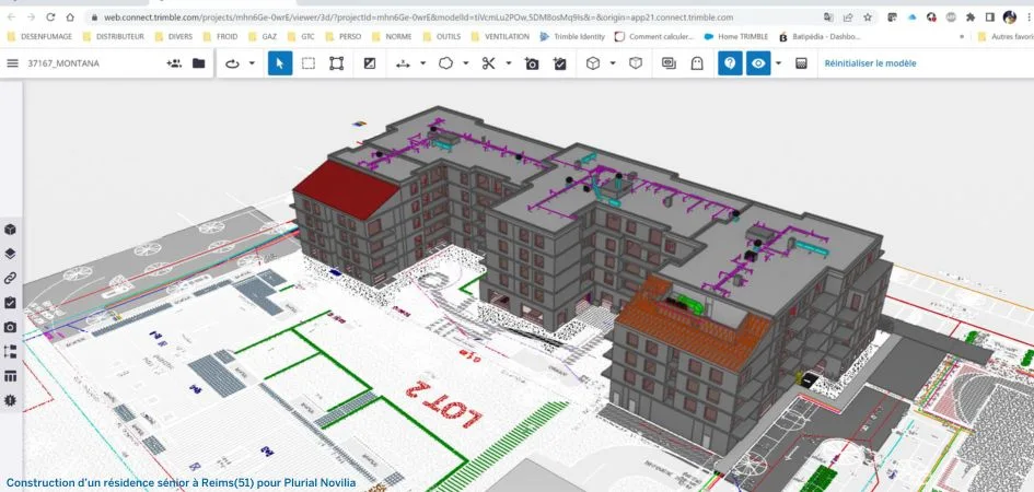 3D model of a multi-story residential building with visible ventilation and plumbing systems, superimposed on a detailed site plan.