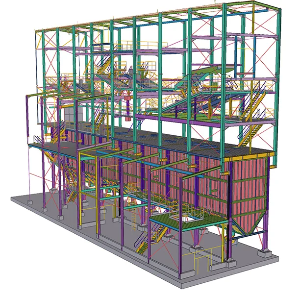 3D rendering of a large industrial structure with multiple levels, staircases, and piping.