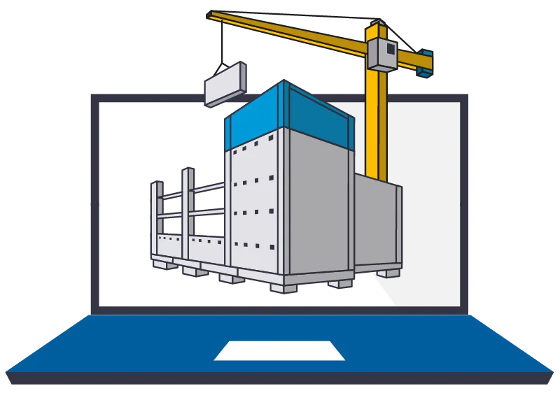 Illustration of a laptop displaying a 3D model of a building under construction with a crane.