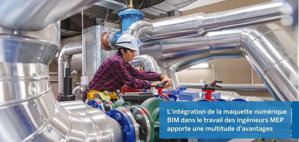 A technician wearing a hard hat and safety vest works on large industrial pipes and valves in a mechanical room.