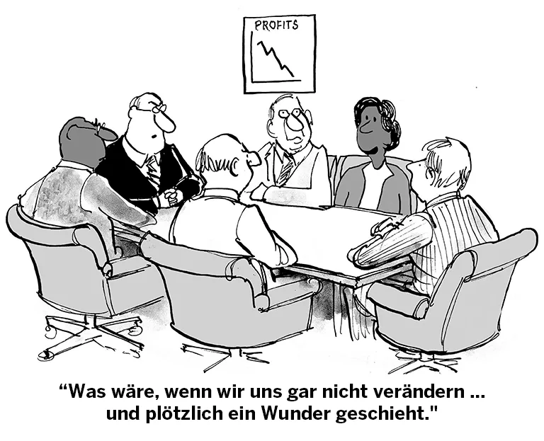 Business meeting with falling profits chart and caption about waiting for a miracle.