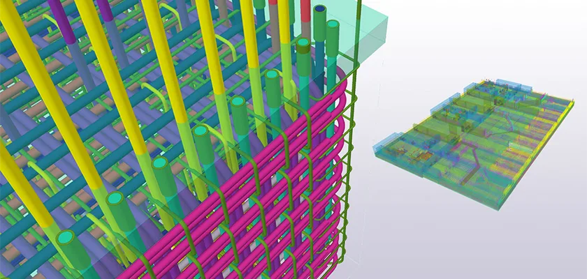 3d BIM model of Hinkley Point C showing large of complex rebar with a close-up of rebar to the left