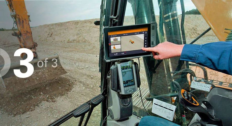 Civil contractor using construction technology on a machine in the field with a text overlay indicating this is the third art