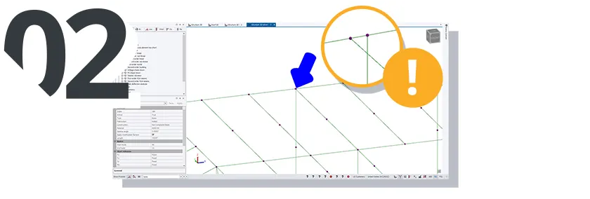 Screenshot of a 3D model with a blue arrow pointing to a node in a structural analysis.