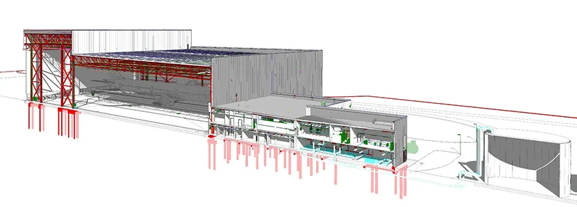 Tekla Structures model with imported reference file of Boeing hanger