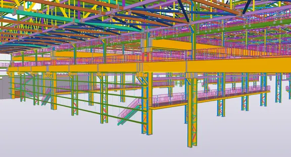 3D rendering of a steel building structure with yellow, purple, blue, and green beams and supports.