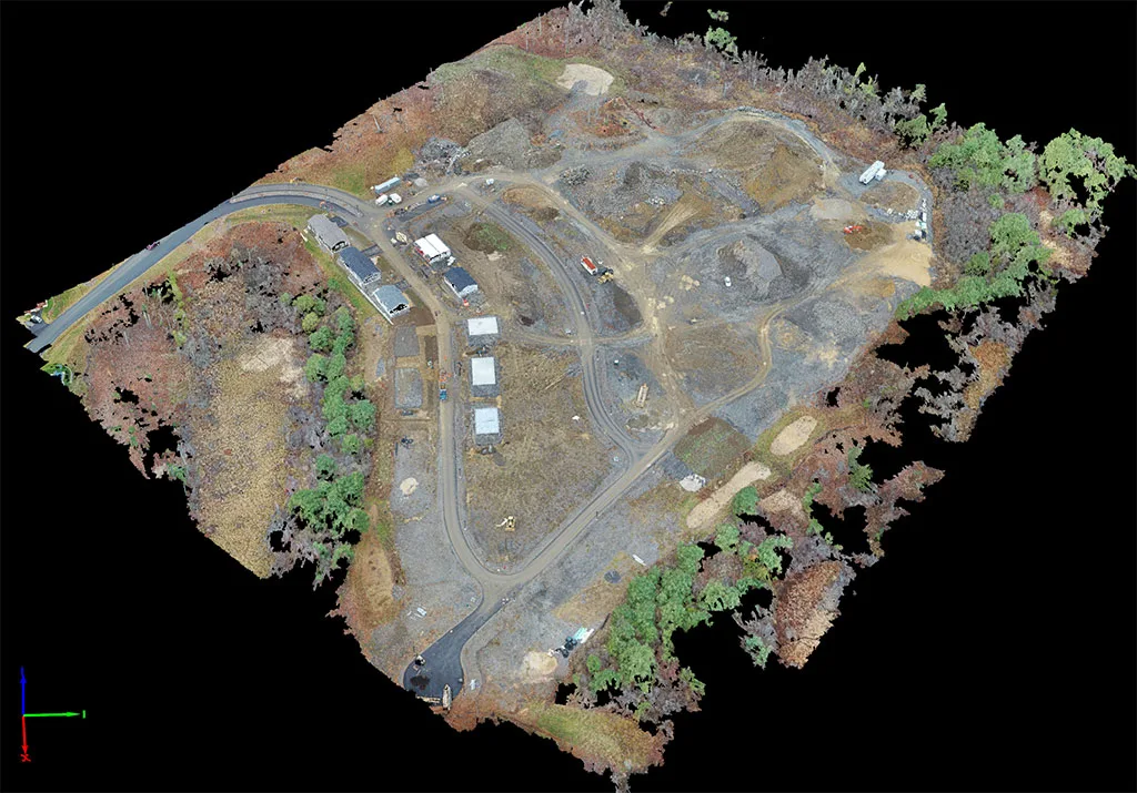 3D aerial view of a construction site with buildings, roads, and landscaping.