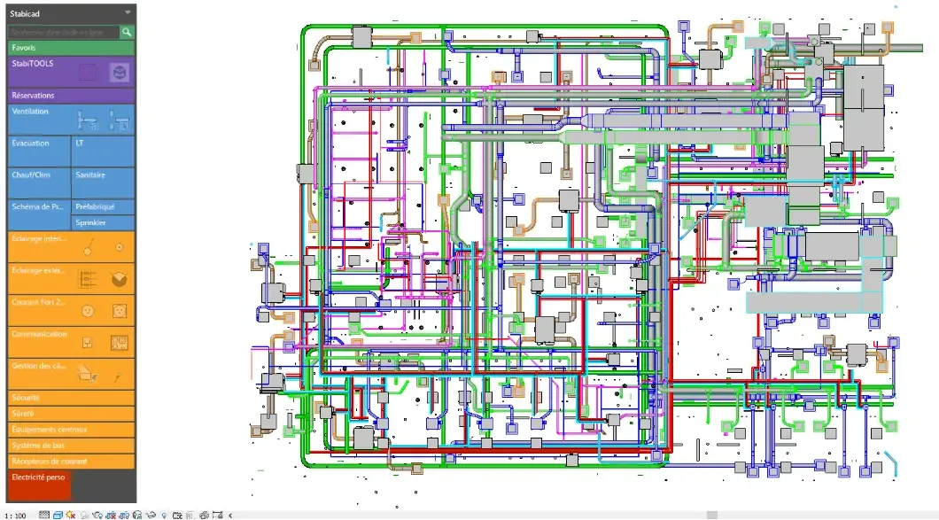 Stabicad software showing a multi-colored diagram of building's mechanical, electrical, and plumbing systems.