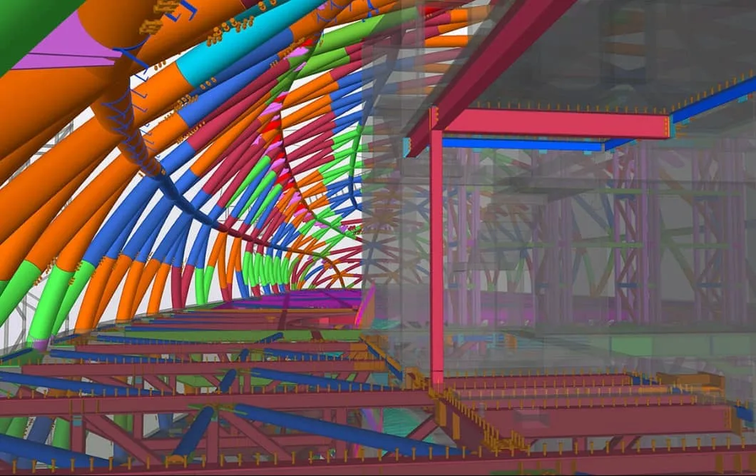A 3D rendering of a complex steel structure with brightly colored beams and supports.