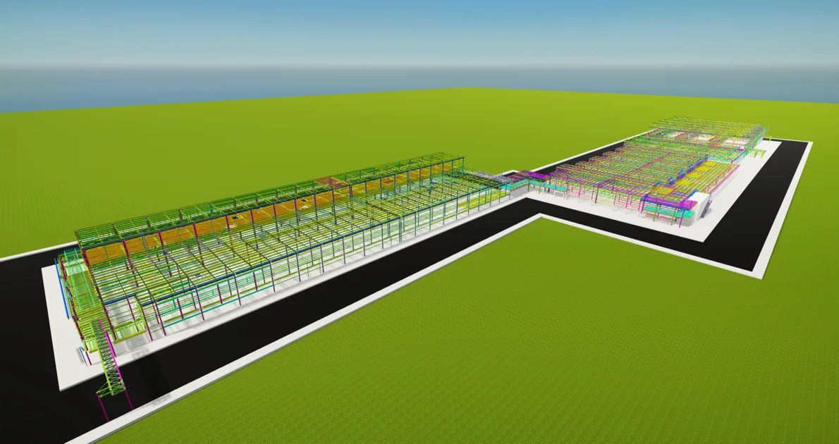 3D model of a factory with a paint shop, weld shop, and press shop.