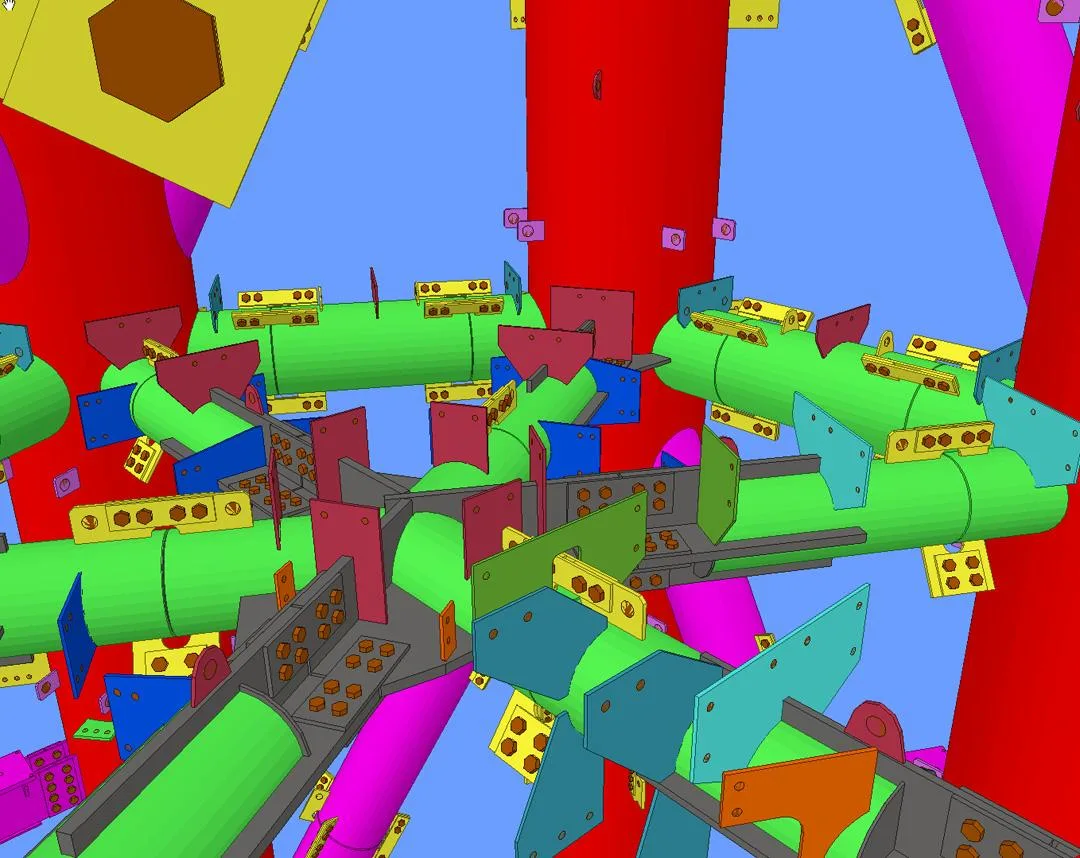 3D rendering of a complex structure with colorful, interconnected cylindrical beams and metal brackets.