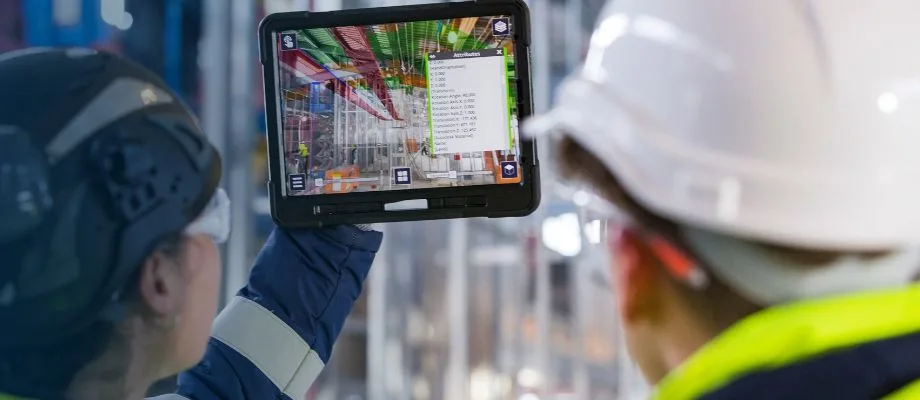 Two construction workers in hard hats and safety vests look at a tablet displaying a 3D model of a construction site.
